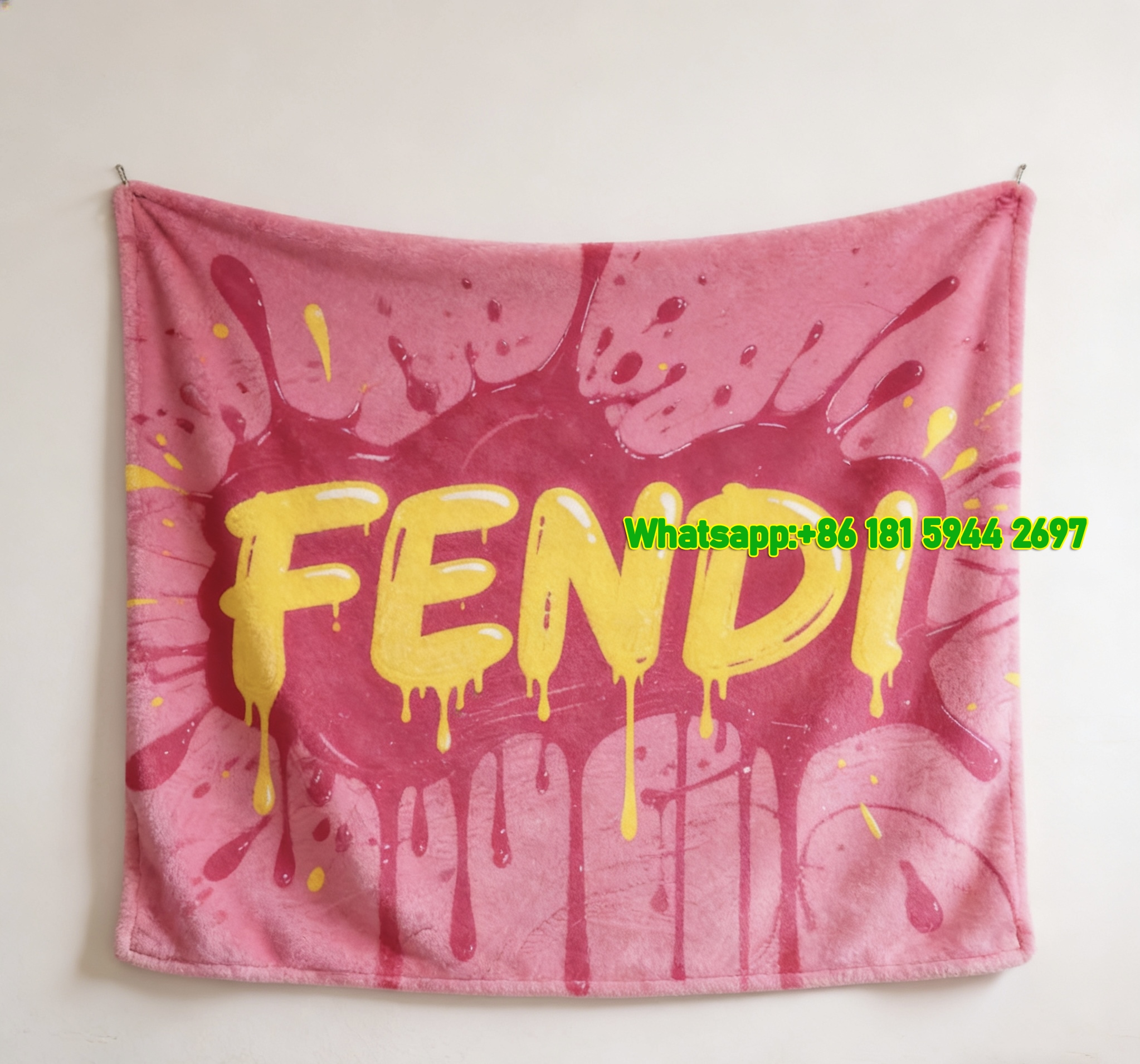 Fendi Pink & Yellow Drip Art Flannel Throw Blanket IMG_9591